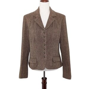 Chaps Wool Herringbone Blazer Brown‎ L Brass Crest Buttons 90s Y2K Equestrian